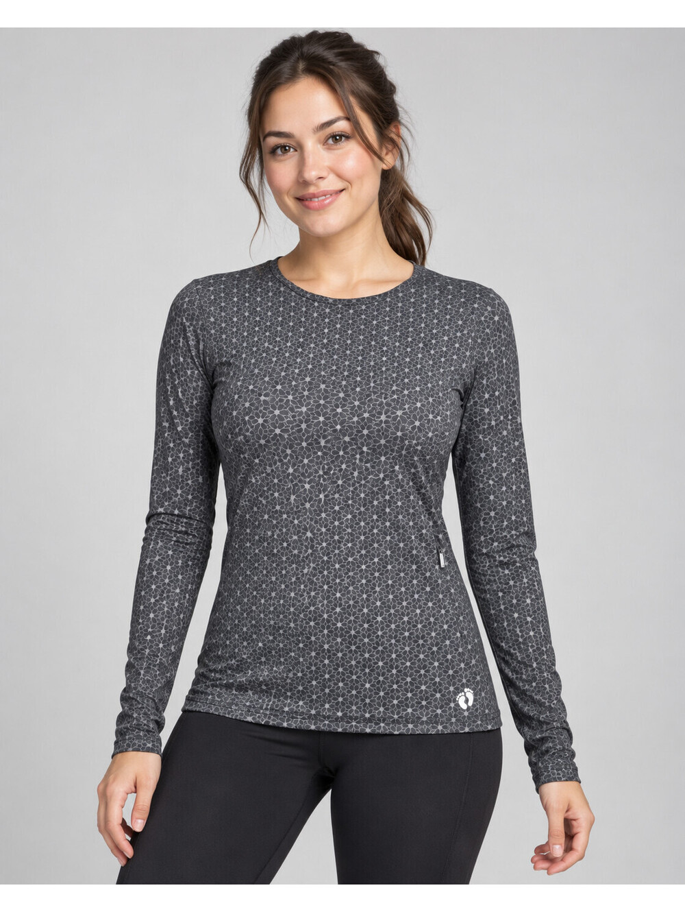 Hang Ten Women's Grey Geometric Print Long Sleeve Active Shirt with Zipper Pocke